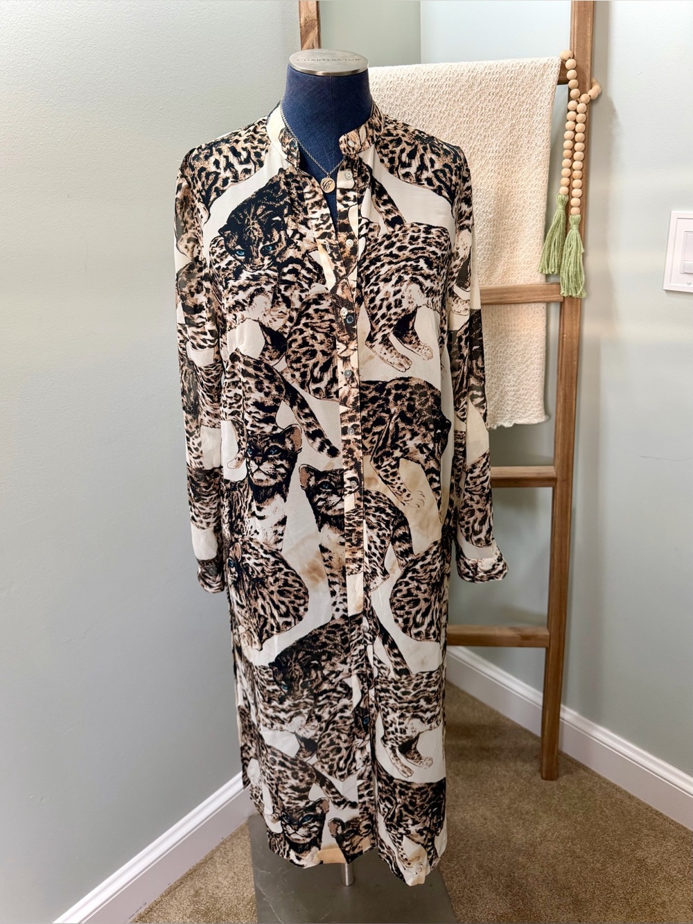 H&M Conscious Bengal Cat Leopard Print Sheer Button-Front Shirt Dress Size 10
